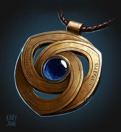 a gold pendant with blue glass in the center on a leather cord that is attached to a black background