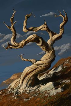 a painting of a twisted tree in the desert