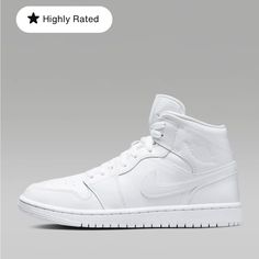 New In Box Missed Return Window White White White Retail 125 Air Jordan 1 Mid Women, High Top Air Jordans, Nike Air Jordan Mid, Jordan 1 Mid White, White Nike Shoes, White Jordans, Jordan Logo, Nike Air Jordan 1 Mid, Jordans Women