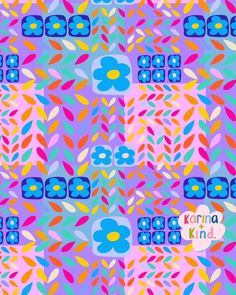 an abstract pattern with flowers and leaves on a pink, blue, green, yellow and purple background