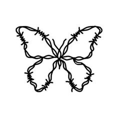 a black and white drawing of a butterfly with barbed wire on it's wings