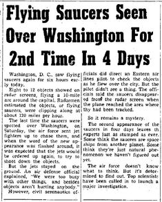 an old newspaper article about flying saucers seen over washington for 2nd time in 4 days