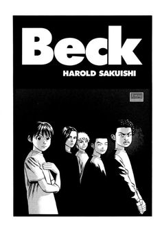 a black and white poster with the words beck in front of four young men standing next to each other