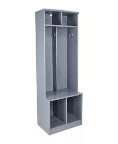 a gray locker with two shelves on each side