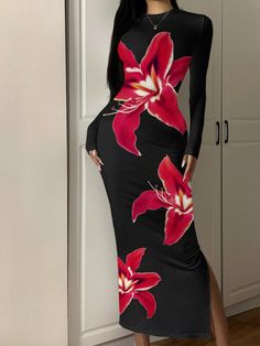 Floral Print Long Sleeve Body-Con Dress - Extra Long Casual Club Party Fall Season Tight Fitting Dress For Women Multicolor Elegant  Long Sleeve Knitted Fabric Colorblock,Floral,Plants Bodycon Medium Stretch  Women Clothing, size features are:Bust: ,Length: ,Sleeve Length: Tight Fitting Dress, Tight Fitted Dresses, Fitting Dress, Bandana Hairstyles, Club Party, Vestido Casual, Women Long Dresses, Kids Beachwear, Dress For Women