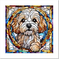 a dog is sitting in front of a stained glass window