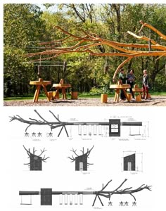 two people sitting on a bench in the woods, and another drawing of an outdoor structure