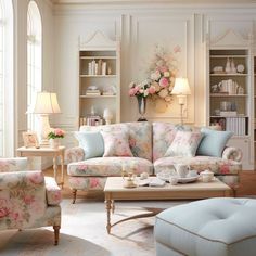 a living room filled with furniture and flowers