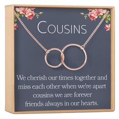 Buy Any 2 Items, Get 10% Off + Free Shipping w/ code AVA10 The love between cousins is forever. Show your love for Cousin with this beautiful interlocking circle design symbolizing the connection between Cousins. This elegant piece is designed to shine and make your Cousin feel like the princess she really is. JEWELRY DETAILS MATERIAL: Gold Plated / Silver Plated / Rose Gold Plated PENDANT SIZE: 2 circles: 21 and 16 mm CHAIN LENGTH: 18” chain + 2” chain extender CLASP STYLE: Lobster Claw Clasp C Friendship Thank You, Dear Ava, Grandmother Necklace, Grandma Necklace, Friendship Necklace, Sister Necklace, Bff Necklaces, Jewelry Details, Friendship Necklaces