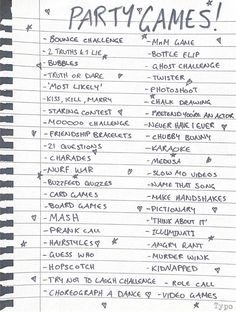 a list of party games written in black ink