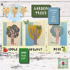 four cards with trees, apples, pears and apple tree designs on them are shown