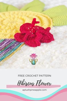 a crochet flower with the text free crochet pattern hirises flower