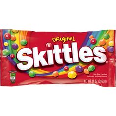 the original skittles candy bar is flying through the air in front of a blue sky