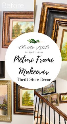 pictures hanging on the wall with text overlay that reads, how to paint picture frame makeover thrift store decor