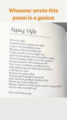 an open book with the words, whoever wrote this poem is a genius and ugly