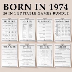 the printable game bundle for born in 1974 is displayed on a beige background with black and