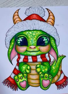 a drawing of a green creature wearing a santa hat and holding two baby lizards in its paws