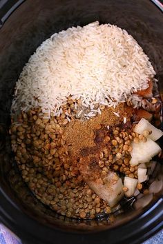 the food is prepared and ready to be cooked in the crock pot