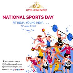 a poster for the national sports day with people playing volleyball and holding paddles in their hands