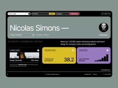 the website for nicholas simons is displayed in black and yellow, with an image of a man's face on it