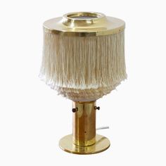 an antique brass table lamp with fringe shade