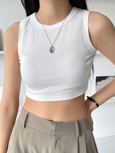 White Mesh Tank Top, Plain White Crop Top, Solid Crop Tank Top, Plain Tank Tops, Crop Top Aesthetic, Knitted Crop Tank Top, Outfit Essentials, Grey Sweats, Women Tank Tops