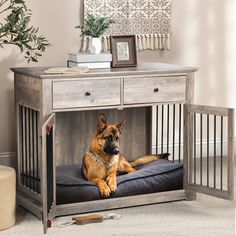 a dog laying on top of a bed under a table