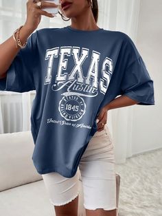 Dusty Blue Casual Collar Half Sleeve Fabric Graphic,Slogan  Embellished Medium Stretch Summer Women Clothing Texas Tee Shirts, Drop Shoulder Tee, Oversized Graphic Tee, Casual Summer Tops, Women T Shirts, Summer Tops, Casual T Shirts, Fashion Online Shop, T Shirt Top