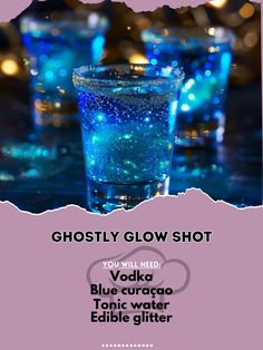 👻 Glow with the Ghostly Glow Shot! 👻🥃 #GhostlyGlow #GlowInTheDark Ghostly Glow Shot Ingredients: Vodka (1 oz) Blue curaçao (1/2 oz) Tonic water (1/2 oz) Edible glitter (a pinch) Instructions: Mix vodka, blue curaçao, and tonic water. Add a pinch of edible glitter. Serve in a shot glass. Light up the night! 👻✨ #GlowShots #Nightlife #RecipeInspire Blue Curacao Jello Shots, Cocktail Night Ideas, Godiva Martini, Creative Alcoholic Drinks, Vodka Blue, Halloween Party Drinks, Pretty Alcoholic Drinks, Homemade Liquor, Cocktail Drinks Alcoholic