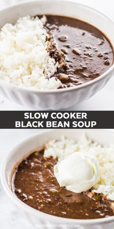 two pictures showing how to make slow cooker black bean soup with rice and sour cream