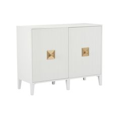 a white cabinet with two gold handles on the front and side panels, against a white background