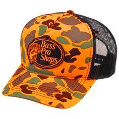 the bass pro shop camo trucker hat is orange and brown with black mesh