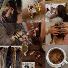 a collage of photos with different types of furs and accessories, including coffee