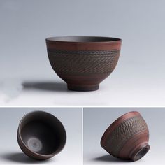 three different views of a brown and black bowl