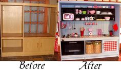 before and after photos of a kitchen cabinet with the doors open to reveal what's inside