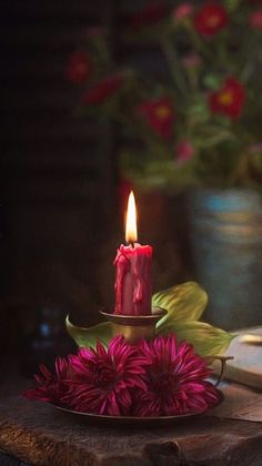 a red candle sitting on top of a table next to some flowers and a book