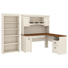 an office desk and bookcase are shown in two different sizes, including one with open doors