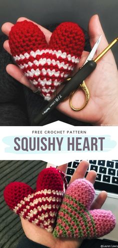 two crocheted hearts are held in front of a laptop and the text squishy heart photos source with free crochet pattern