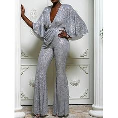 Season:Winter,Fall; Fabric:Polyester; Sleeve Length:3/4 Length Sleeve; Look After Me:Machine wash; Gender:Women's; Style:Disco,Elegant,Formal; Elasticity:Micro-elastic; Occasion:Party,Wedding,Street,Bar,Going out; Fit Type:Regular Fit; Pattern:Solid Color; Design:Sequin,High Waist; Neckline:V Neck; Special Size:Normal; Jumpsuit Type:Jumpsuit; Front page:FF; Listing Date:09/06/2023; Production mode:External procurement Socialite Style, Party Jumpsuit, Loose Jumpsuit, Sequin Party, Backless Jumpsuit, Jumpsuit Party, Jumpsuit Trousers, Silver Sequin, Batwing Sleeve