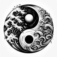 a black and white drawing of waves in the shape of a yin - yang