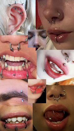 multiple images of different types of piercings on the nose and mouth, including an individual's teeth