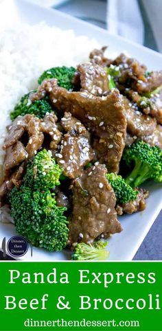 a white plate topped with beef and broccoli covered in sesame seed flakes