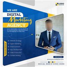 a blue and yellow business flyer with a man in a suit looking at his cell phone