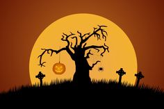 a halloween tree with jack o lantern hanging from it's branches in front of a full moon