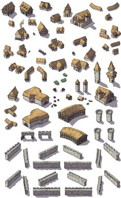 a bunch of different types of houses and buildings in various stages of construction, including the roof