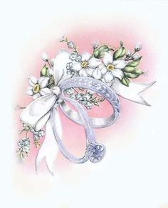 a drawing of a ribbon with flowers and bows on it's side, in pastel colors