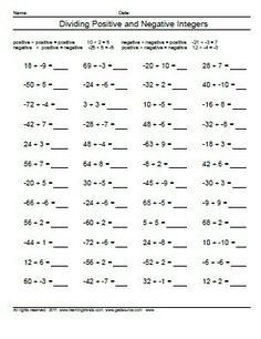 the worksheet for dividing positive and negative numbers is shown in this printable