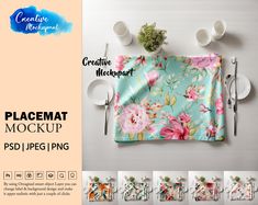 the placemat mockup is displayed with different plates and utensils on it