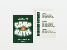 a brochure with a camp theme on it next to a card that reads welcome to camp hate