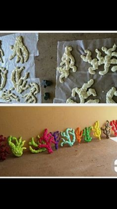 there are two pictures that show the process of making crocheted letters and numbers